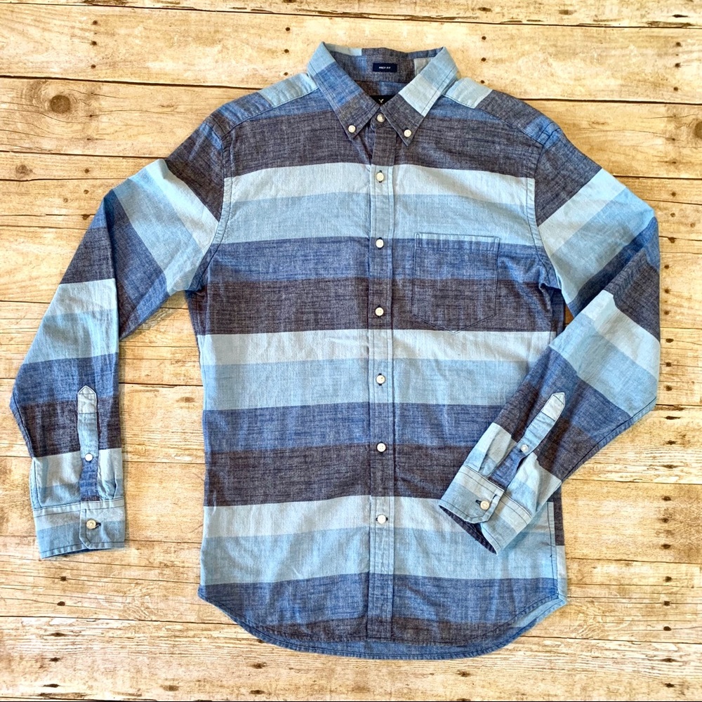 Men’s striped chambray button down shirt.